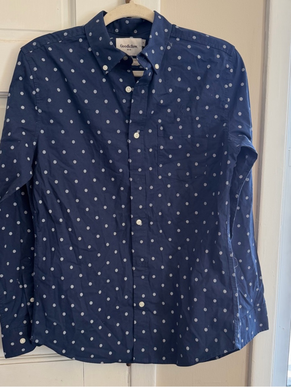 Goodfellow & Co Navy Blue Button-Down Shirt with White Dot Pattern
